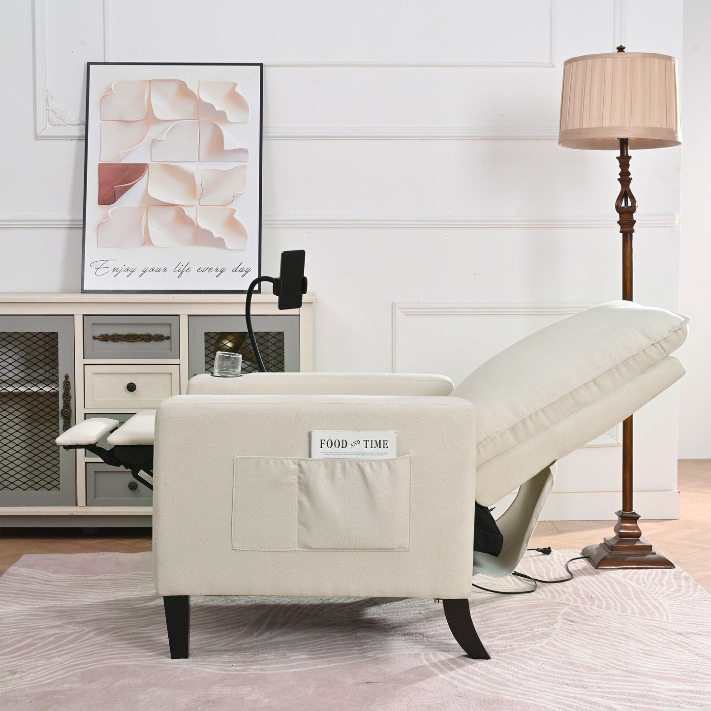 Beige Modern Fabric Manual Adjustable Recliner Chair with Mobile Phone Holder, Cup Holder, and Footrest
