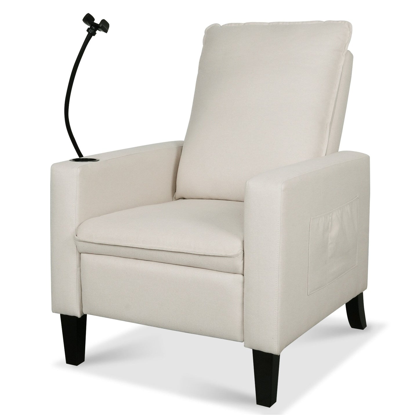 Beige Modern Fabric Manual Adjustable Recliner Chair with Mobile Phone Holder, Cup Holder, and Footrest