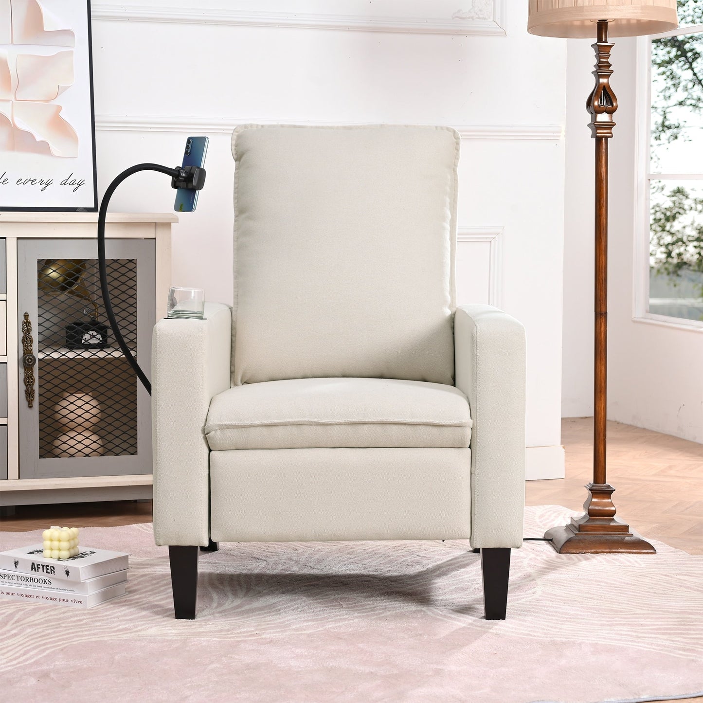Beige Modern Fabric Manual Adjustable Recliner Chair with Mobile Phone Holder, Cup Holder, and Footrest
