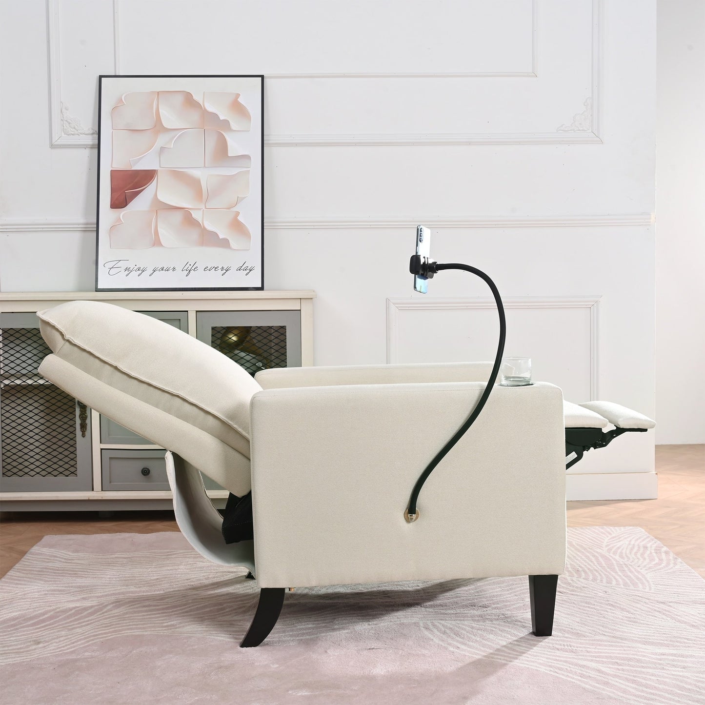 Beige Modern Fabric Manual Adjustable Recliner Chair with Mobile Phone Holder, Cup Holder, and Footrest