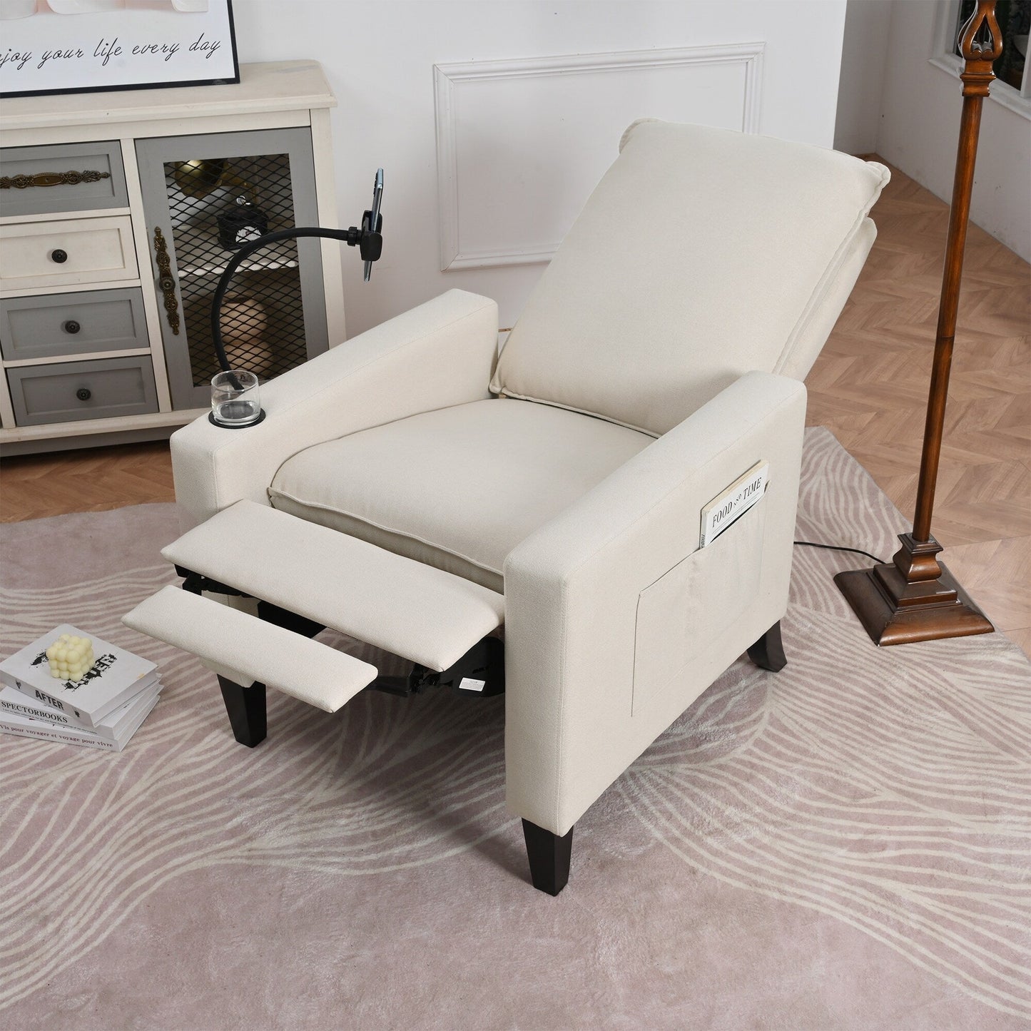 Beige Modern Fabric Manual Adjustable Recliner Chair with Mobile Phone Holder, Cup Holder, and Footrest
