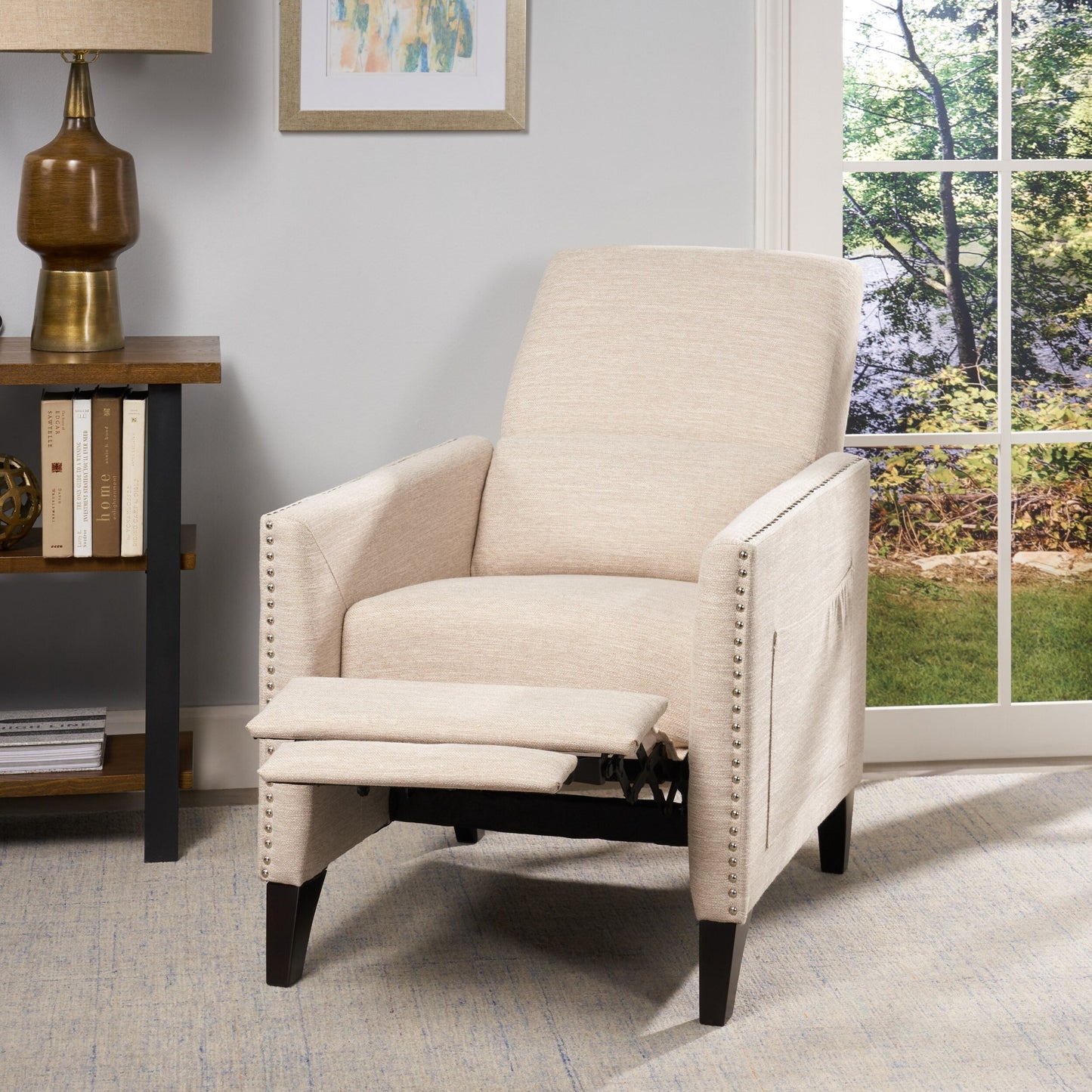 Beige Modern Fabric Push-Back Recliner with Footrest, Nailhead Accents, Birch Wood Legs