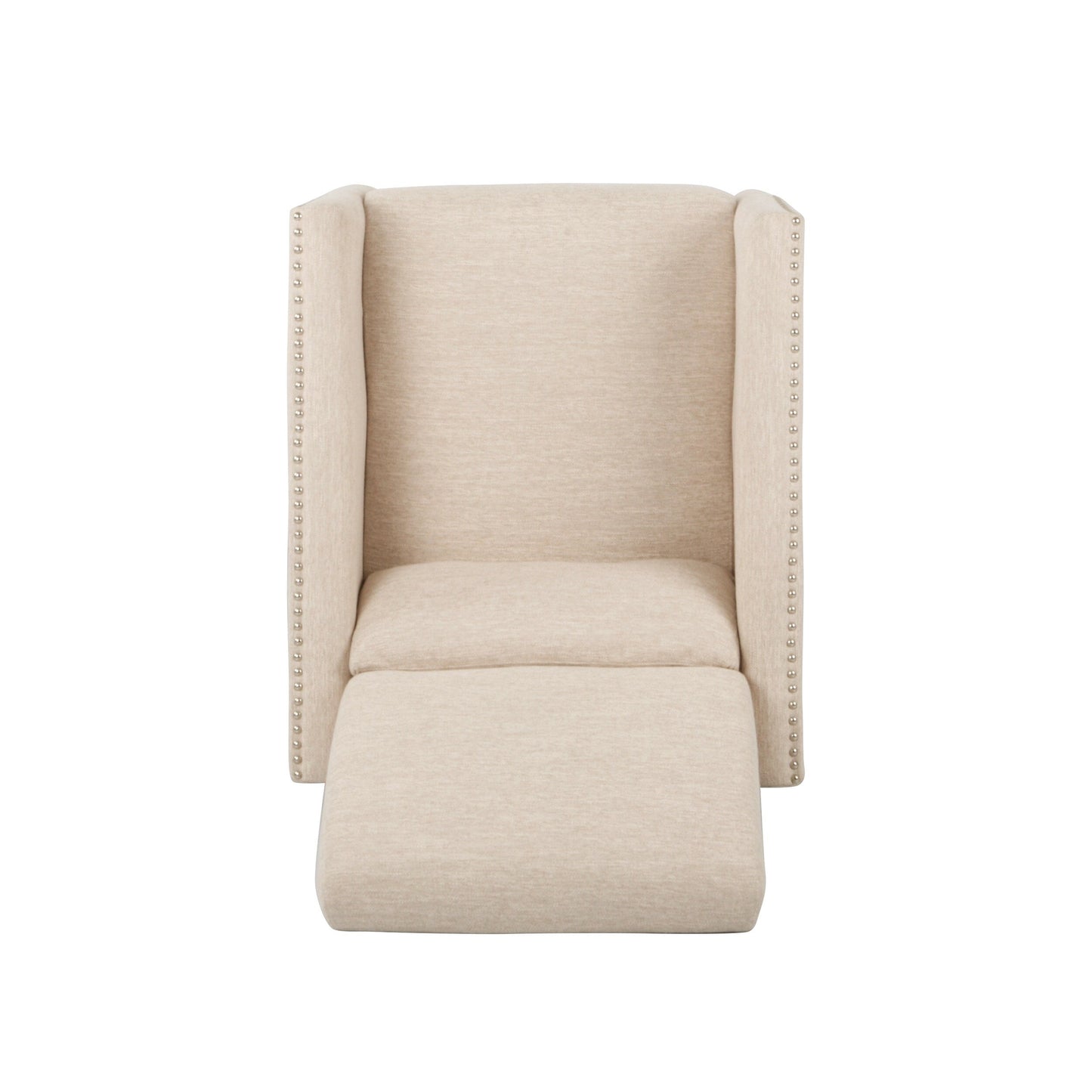 Beige Modern Fabric Push-Back Recliner with Footrest, Nailhead Accents, Birch Wood Legs