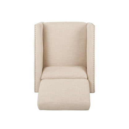 Beige Modern Fabric Push-Back Recliner with Footrest, Nailhead Accents, Birch Wood Legs