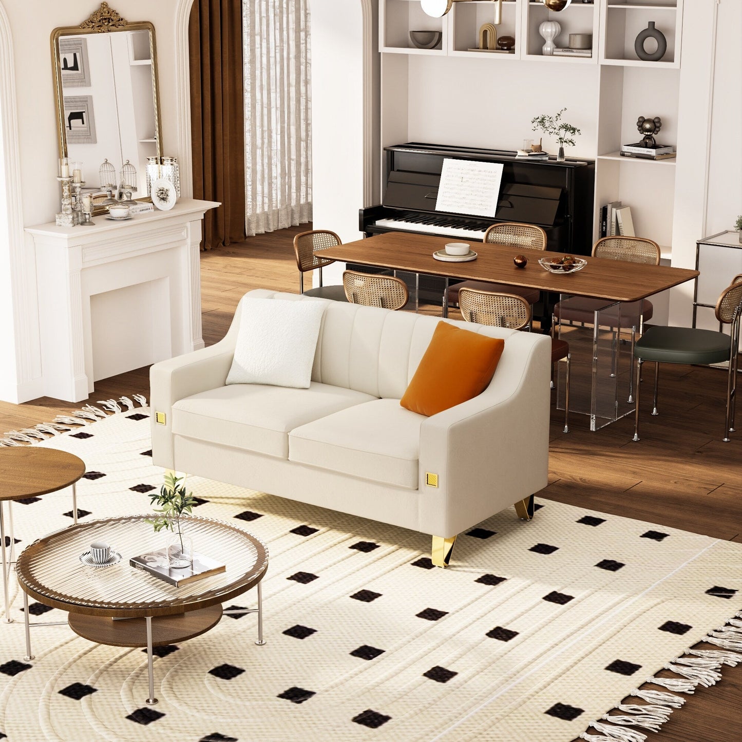 Beige Modern Velvet Loveseat Sofa with Gold Accents and Plush Cushions for Living Room