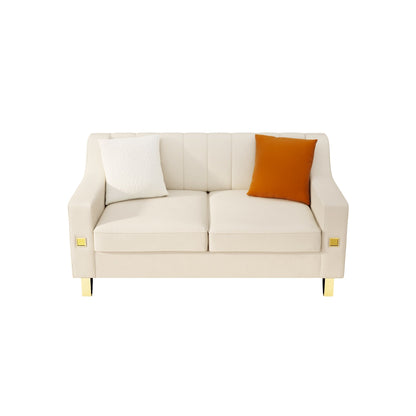 Beige Modern Velvet Loveseat Sofa with Gold Accents and Plush Cushions for Living Room