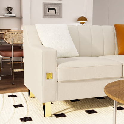 Beige Modern Velvet Loveseat Sofa with Gold Accents and Plush Cushions for Living Room
