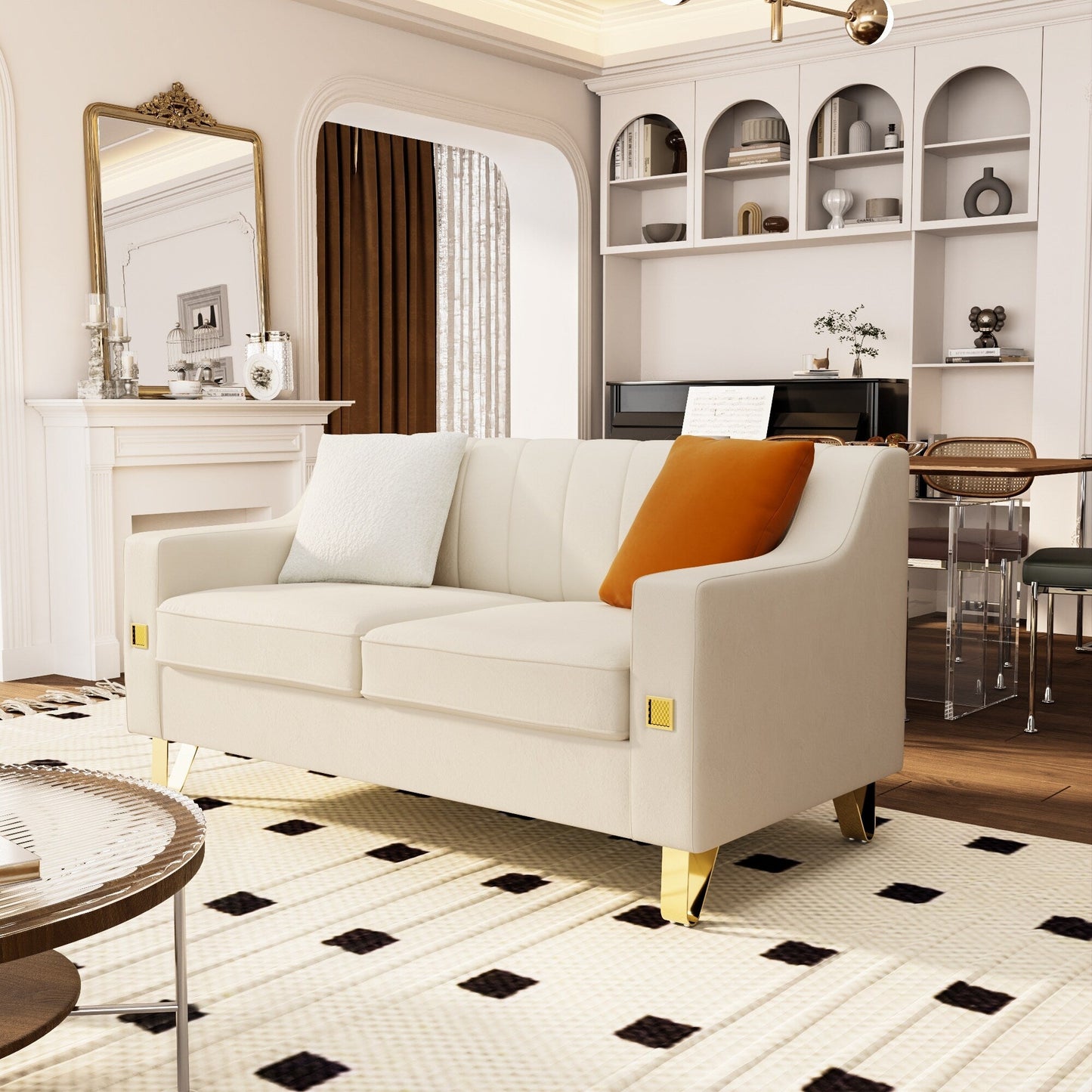 Beige Modern Velvet Loveseat Sofa with Gold Accents and Plush Cushions for Living Room