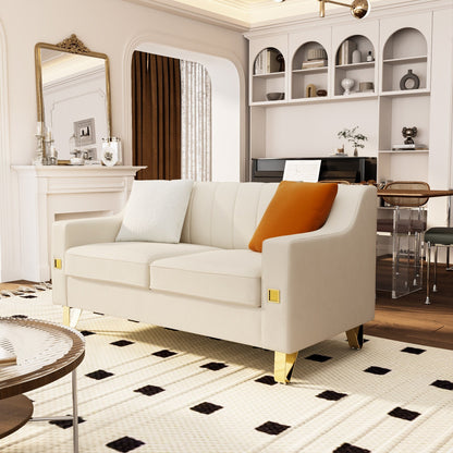 Beige Modern Velvet Loveseat Sofa with Gold Accents and Plush Cushions for Living Room