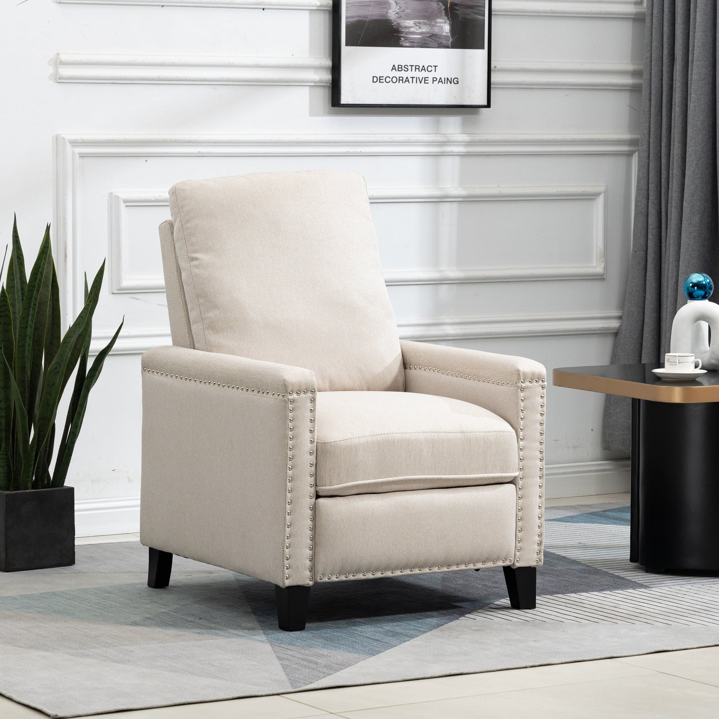 Beige Modern Velvet Manual Recliner with Cushions and Nailhead Decoration
