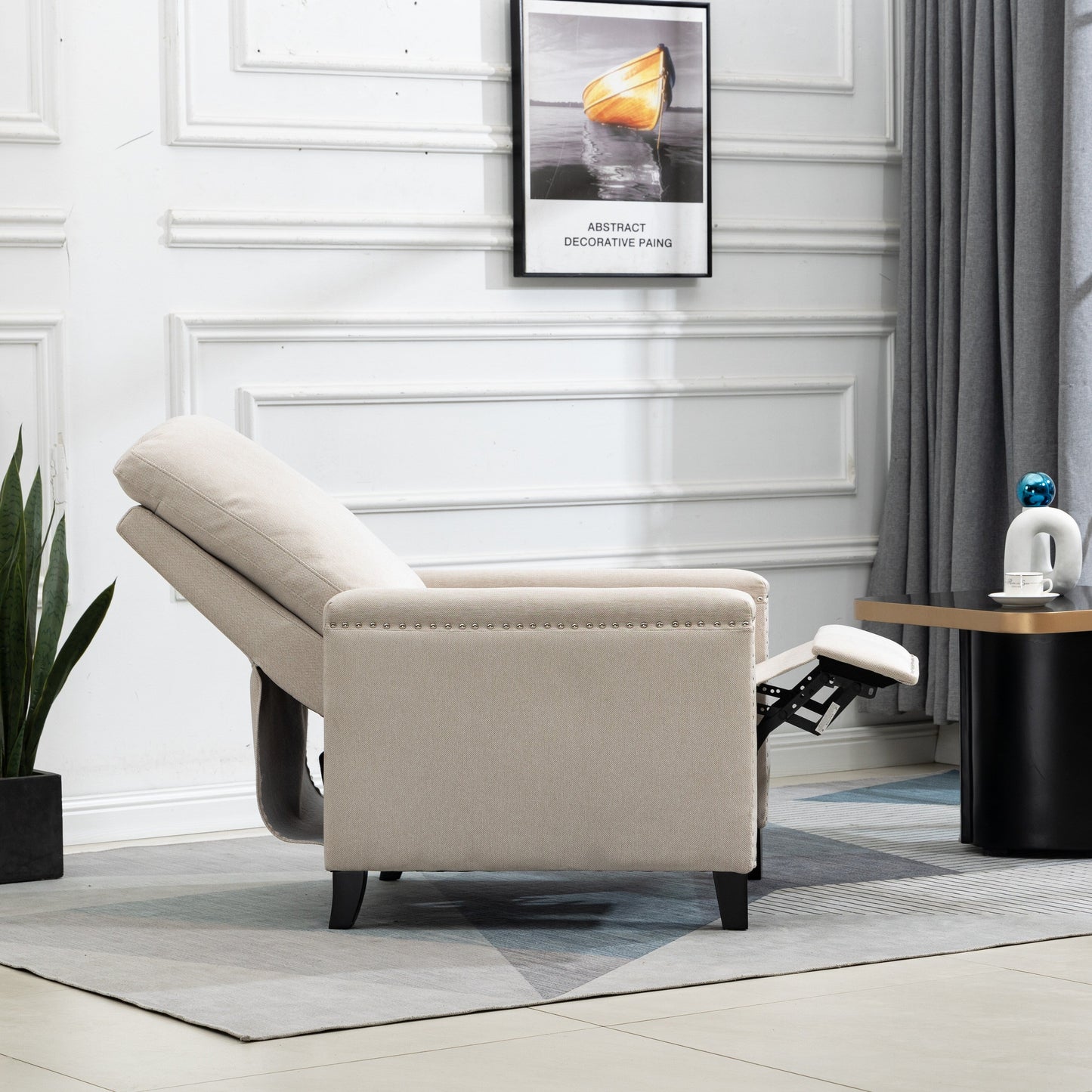 Beige Modern Velvet Manual Recliner with Cushions and Nailhead Decoration