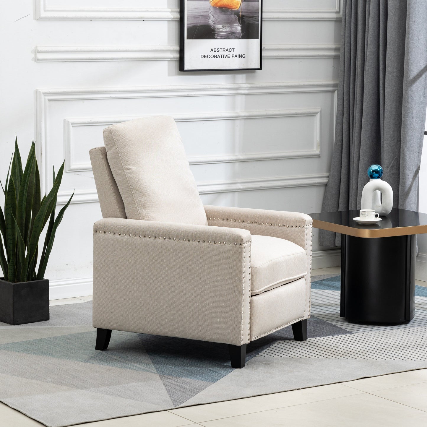 Beige Modern Velvet Manual Recliner with Cushions and Nailhead Decoration