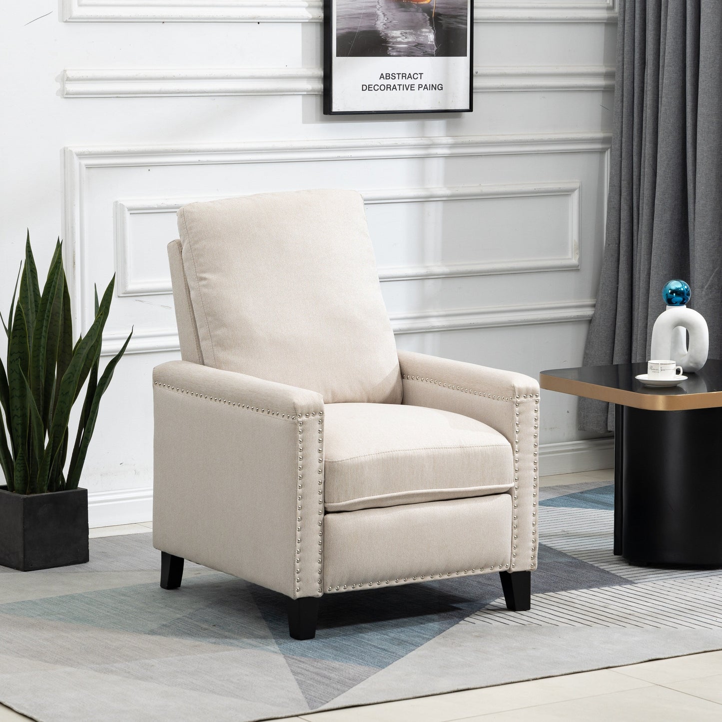 Beige Modern Velvet Manual Recliner with Cushions and Nailhead Decoration