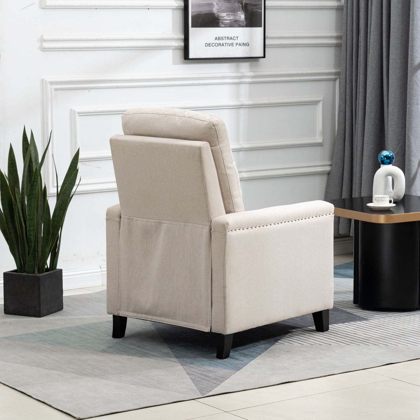Beige Modern Velvet Manual Recliner with Cushions and Nailhead Decoration