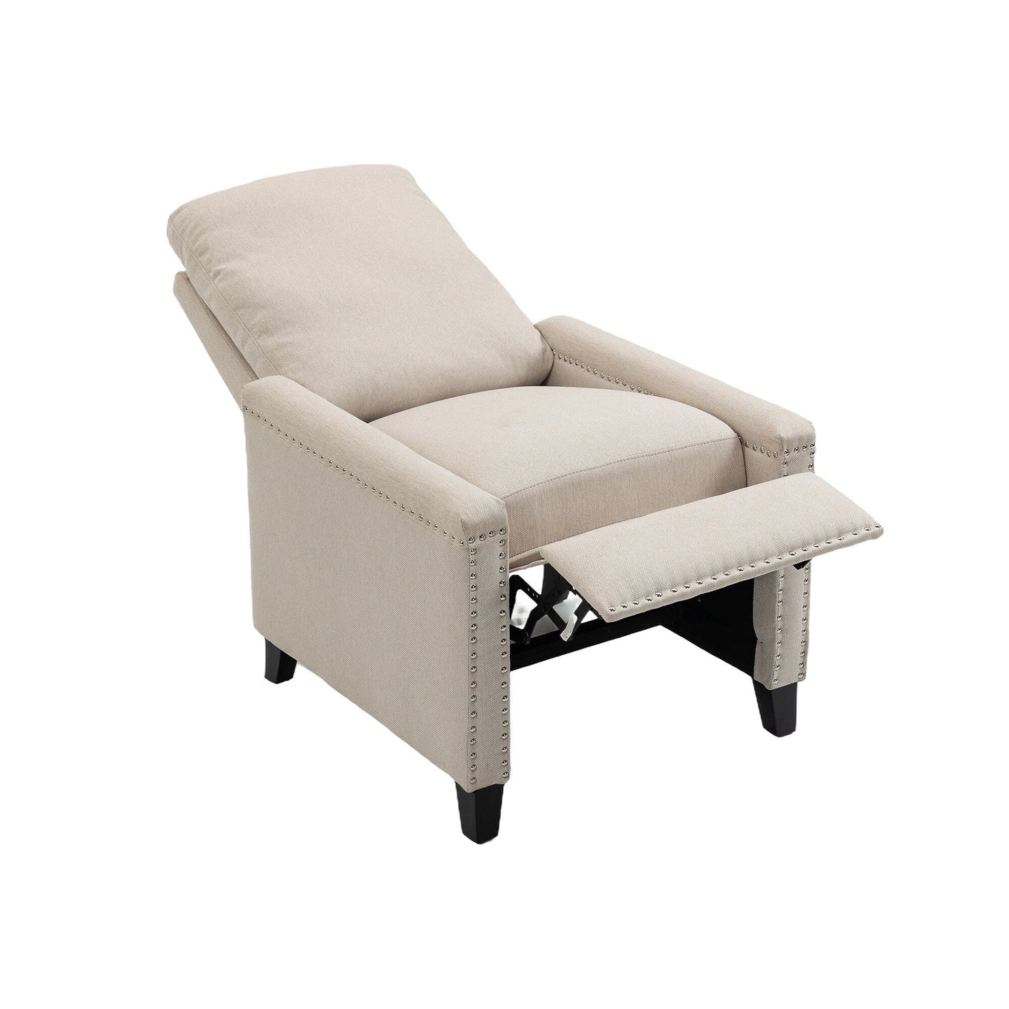 Beige Modern Velvet Manual Recliner with Cushions and Nailhead Decoration