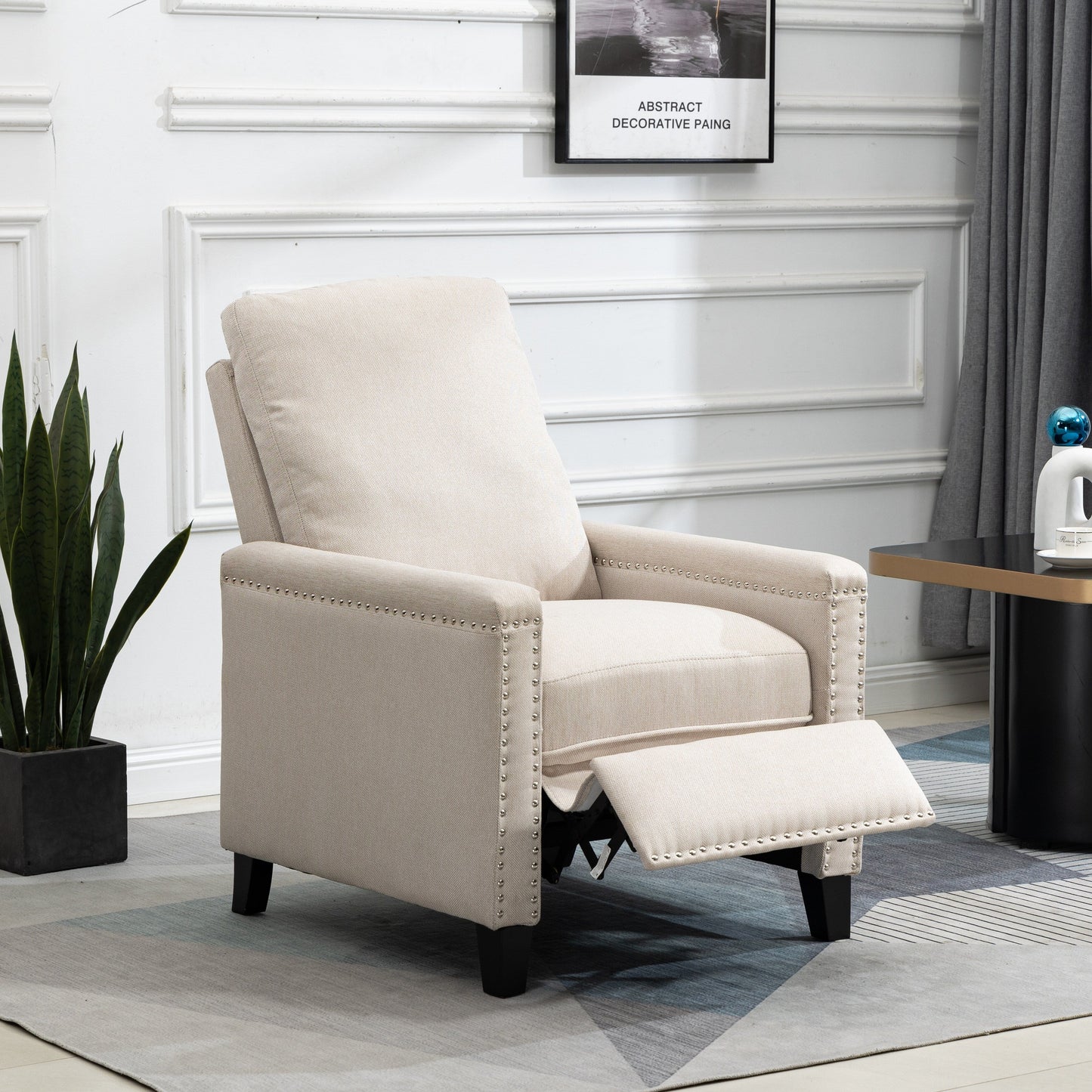 Beige Modern Velvet Manual Recliner with Cushions and Nailhead Decoration