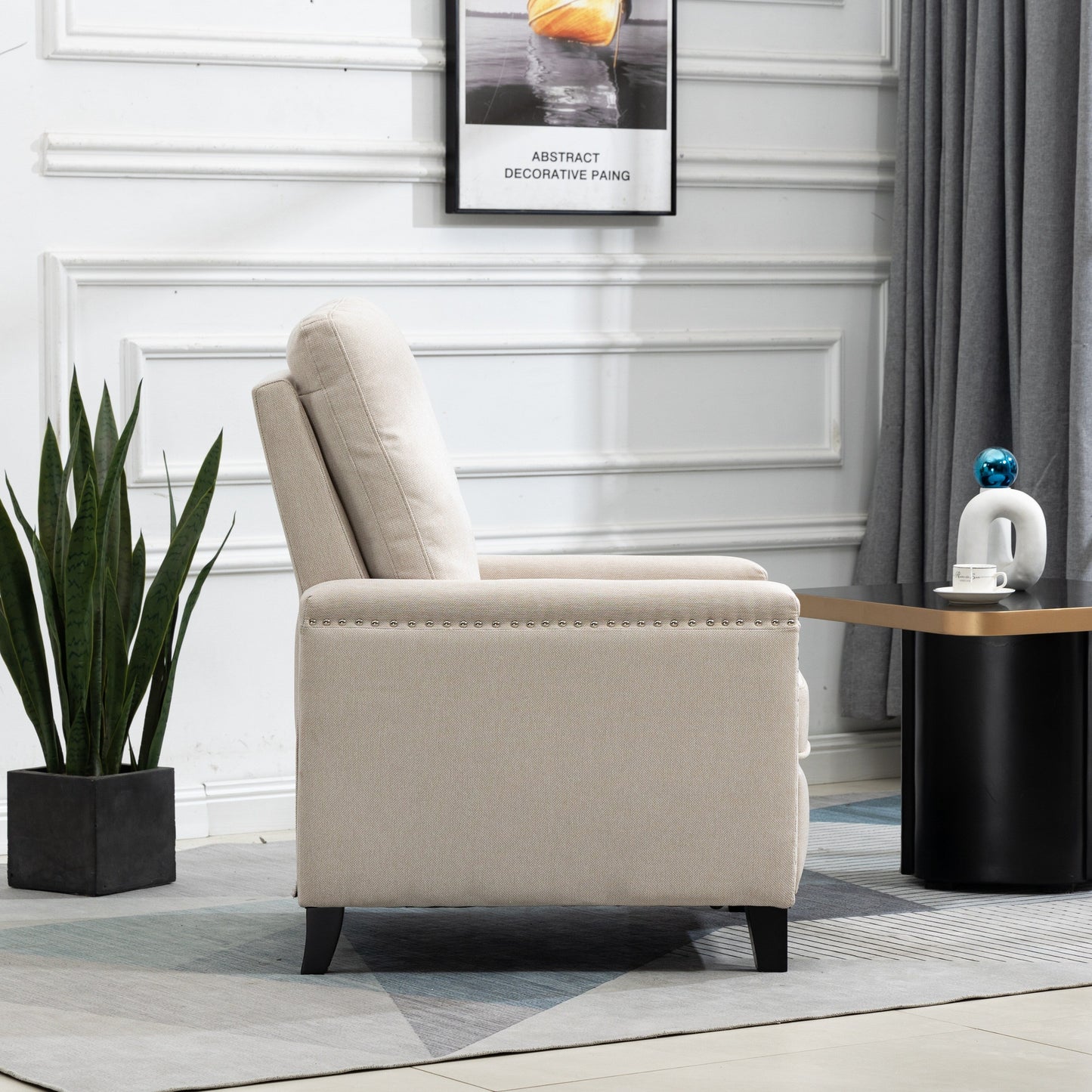 Beige Modern Velvet Manual Recliner with Cushions and Nailhead Decoration
