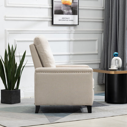 Beige Modern Velvet Manual Recliner with Cushions and Nailhead Decoration
