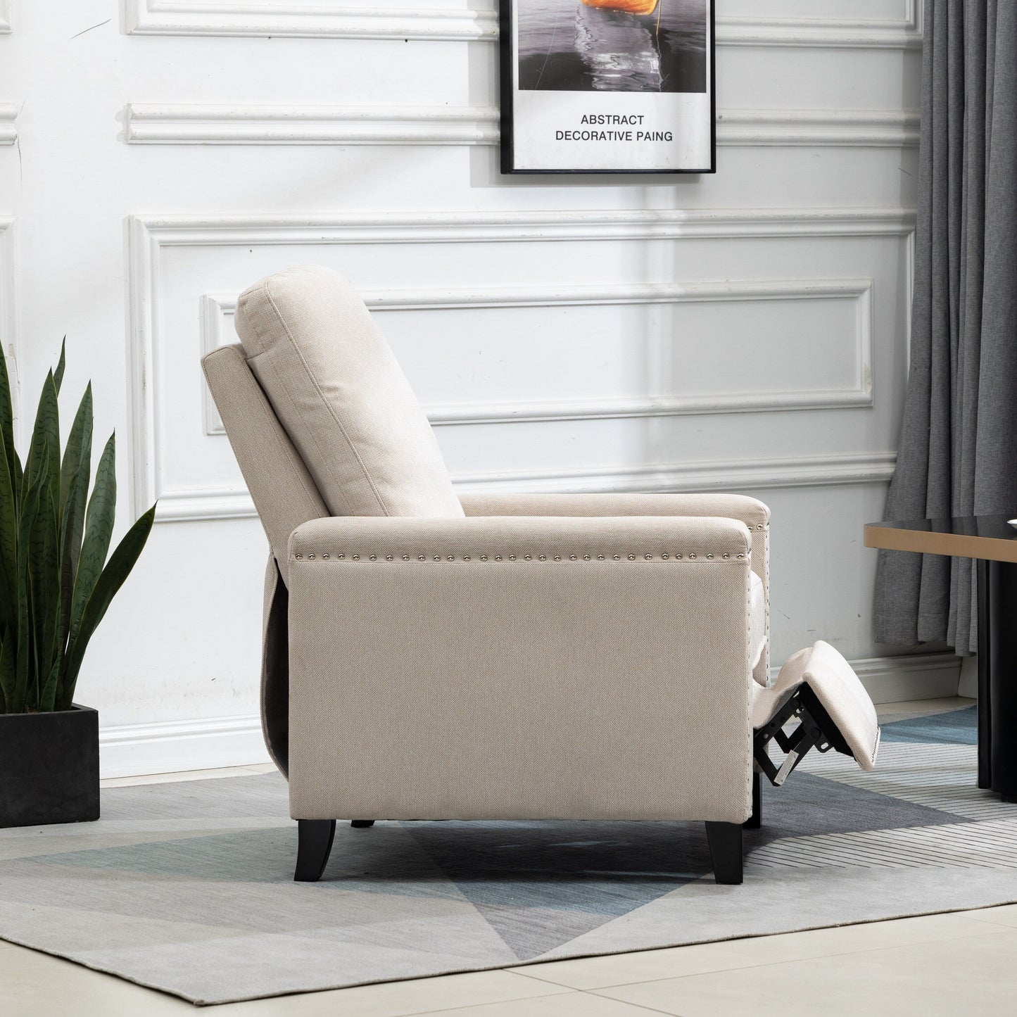 Beige Modern Velvet Manual Recliner with Cushions and Nailhead Decoration