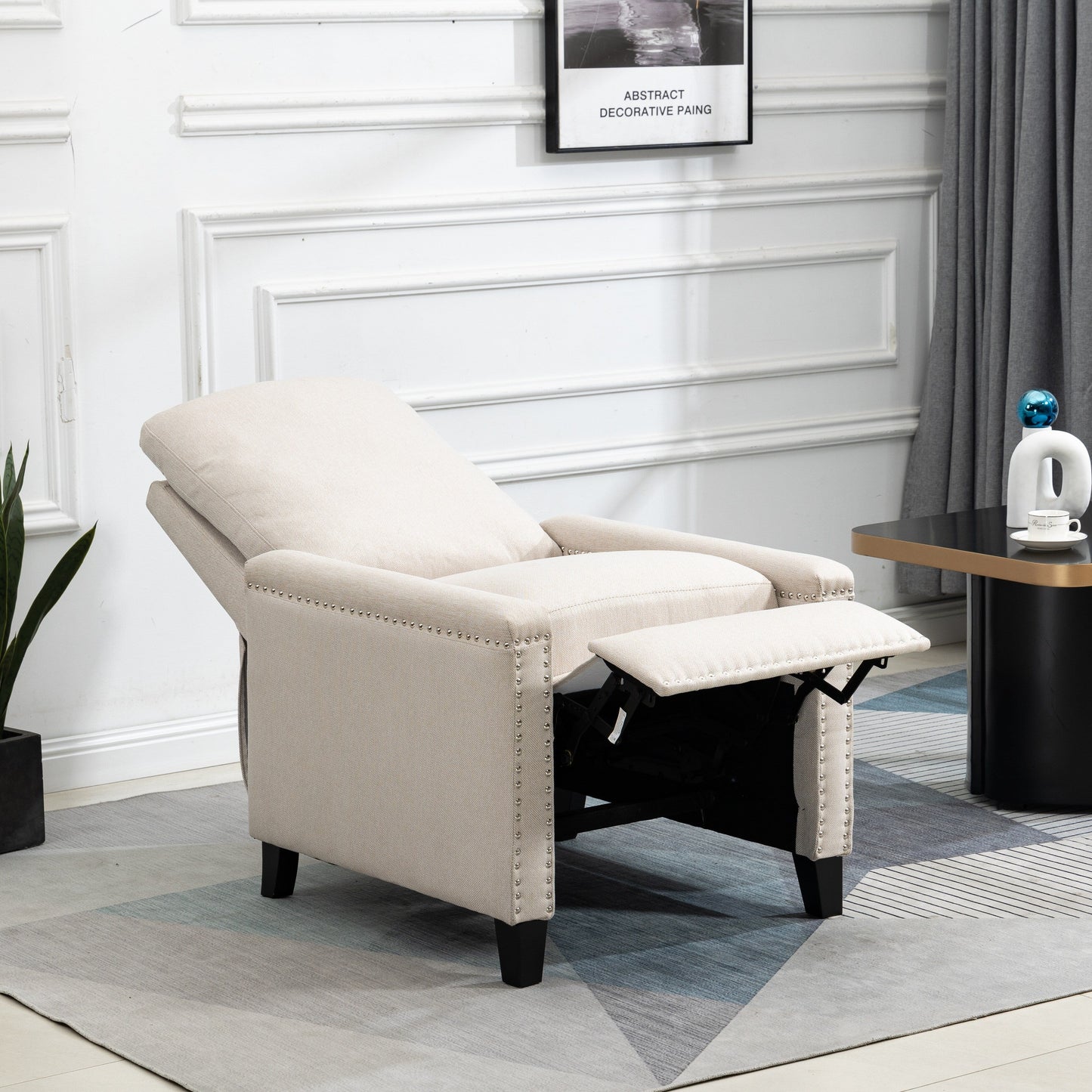 Beige Modern Velvet Manual Recliner with Cushions and Nailhead Decoration