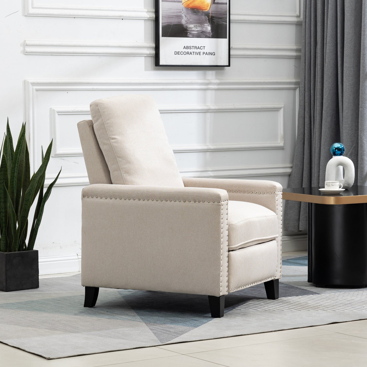 Beige Modern Velvet Manual Recliner with Cushions and Nailhead Decoration