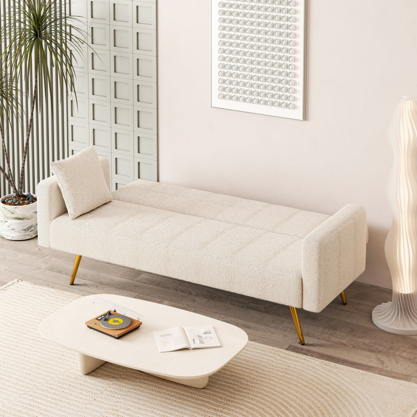 Beige Multifunctional Folding Sofa Bed with Metal Legs and Pillow