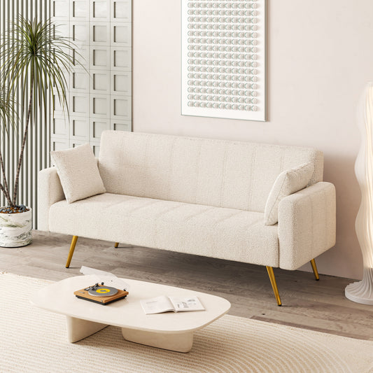 Beige Multifunctional Folding Sofa Bed with Metal Legs and Pillow