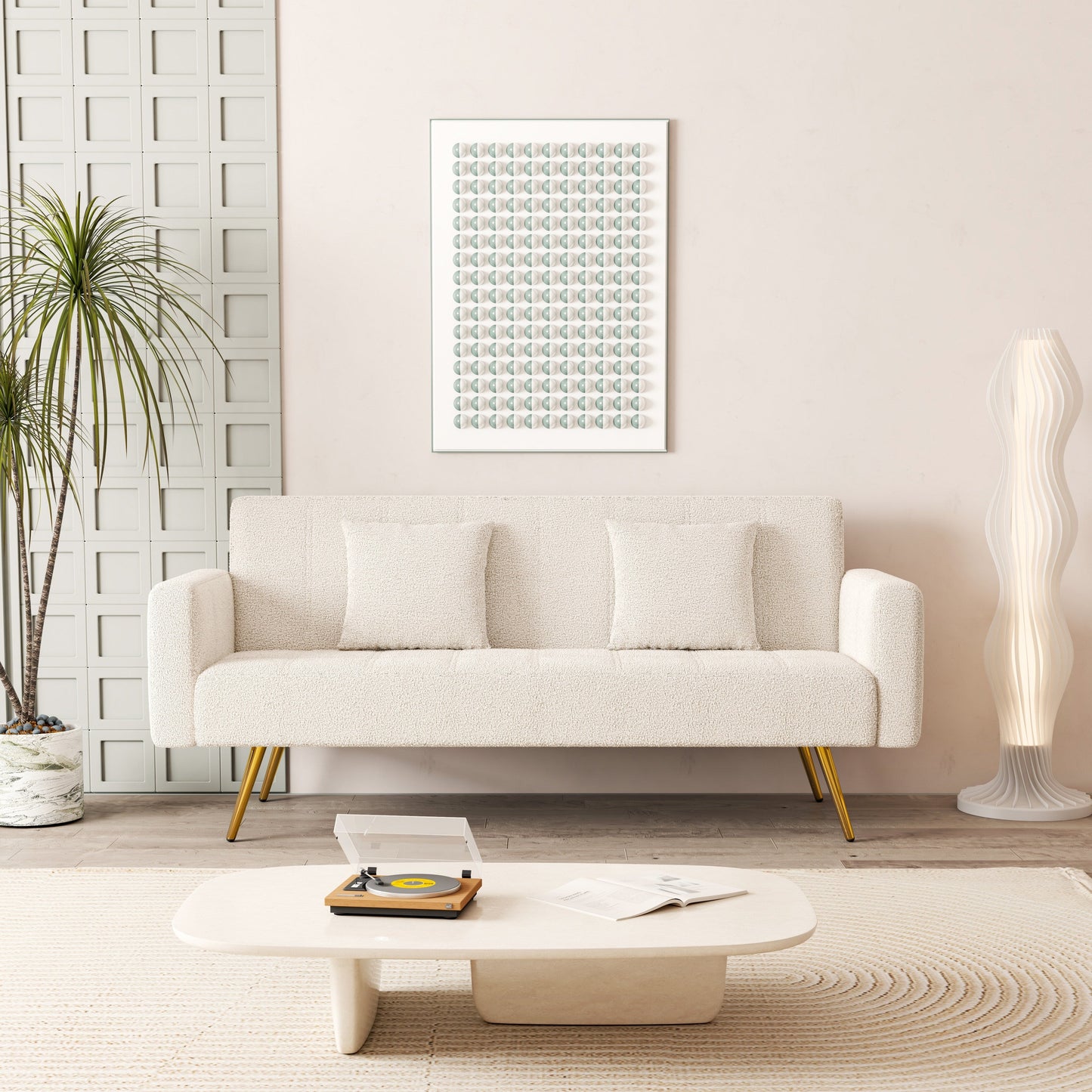 Beige Multifunctional Folding Sofa Bed with Metal Legs and Pillow