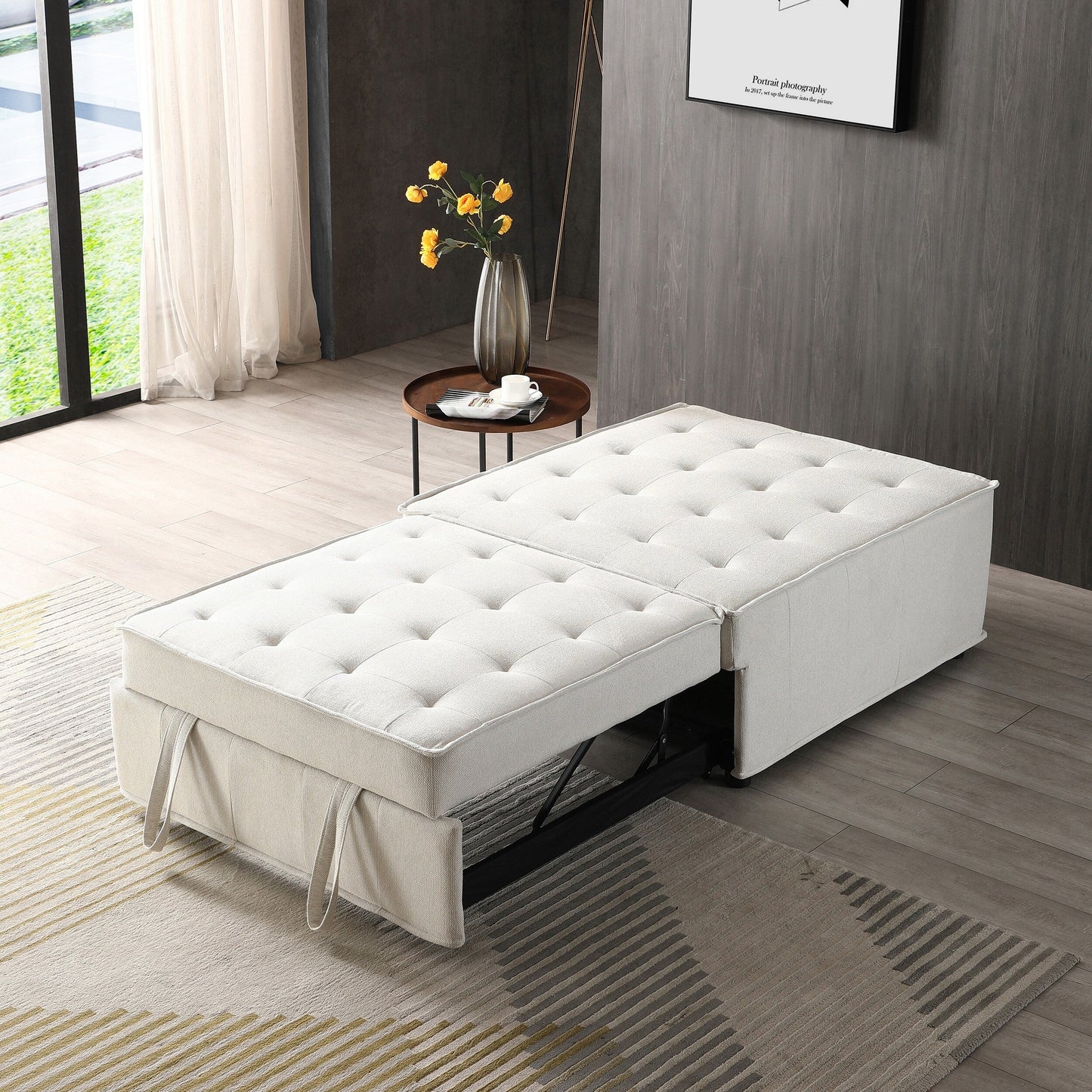 Beige Ottoman Pull Out Sofa Bed with Adjustable Backrest