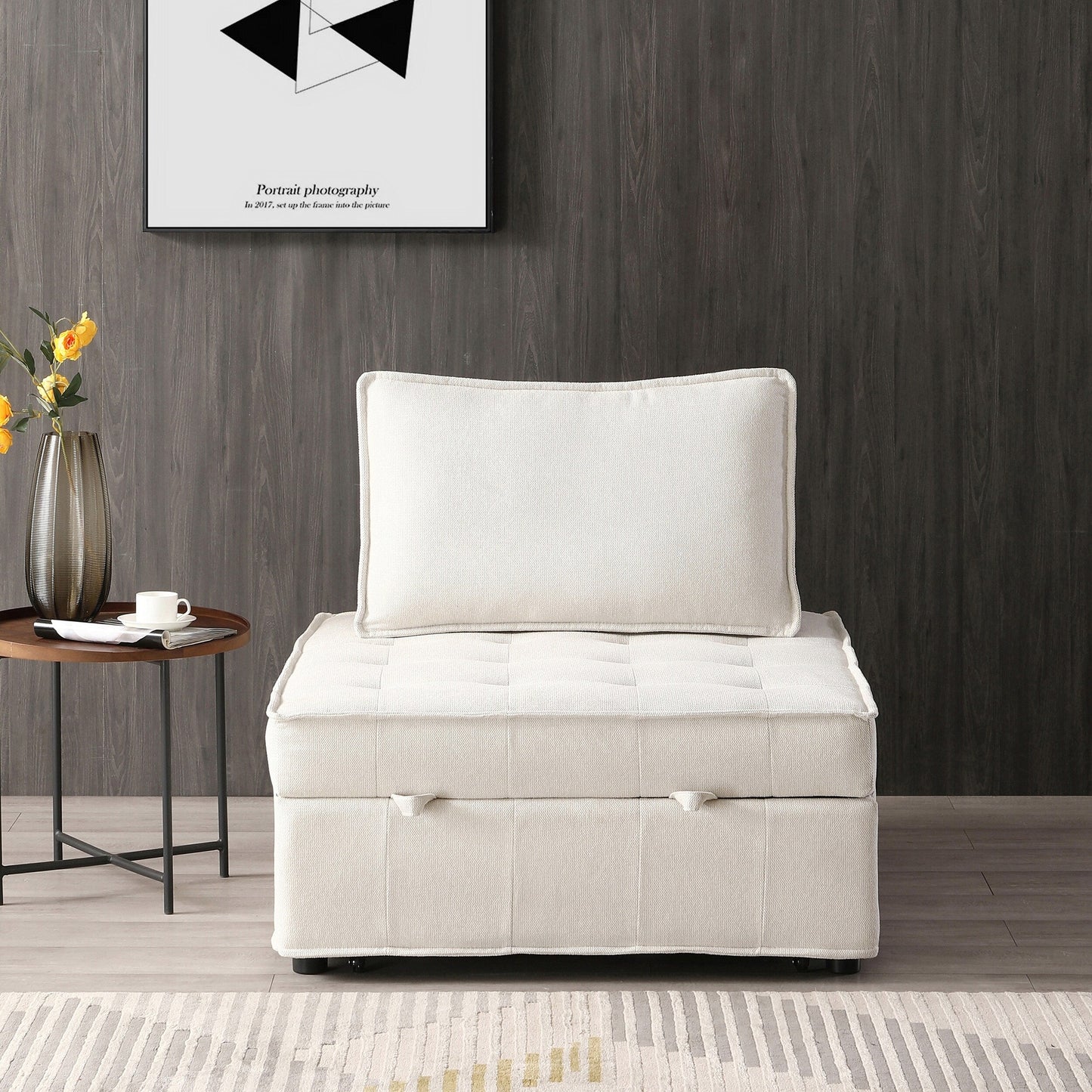 Beige Ottoman Pull Out Sofa Bed with Adjustable Backrest