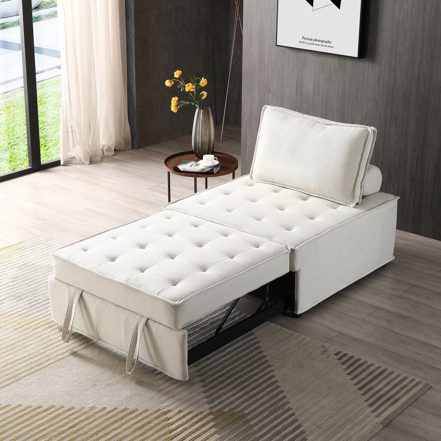 Beige Ottoman Pull Out Sofa Bed with Adjustable Backrest