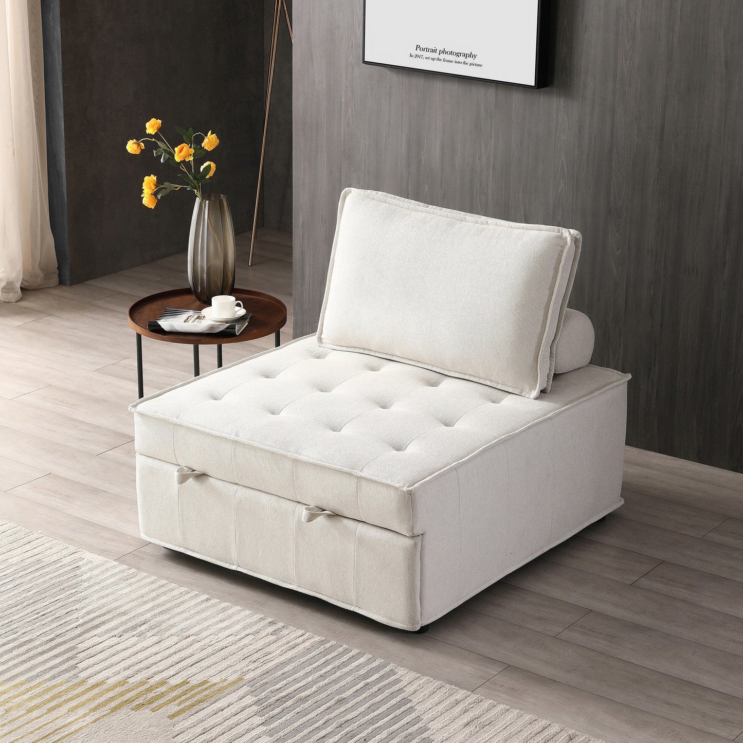 Beige Ottoman Pull Out Sofa Bed with Adjustable Backrest