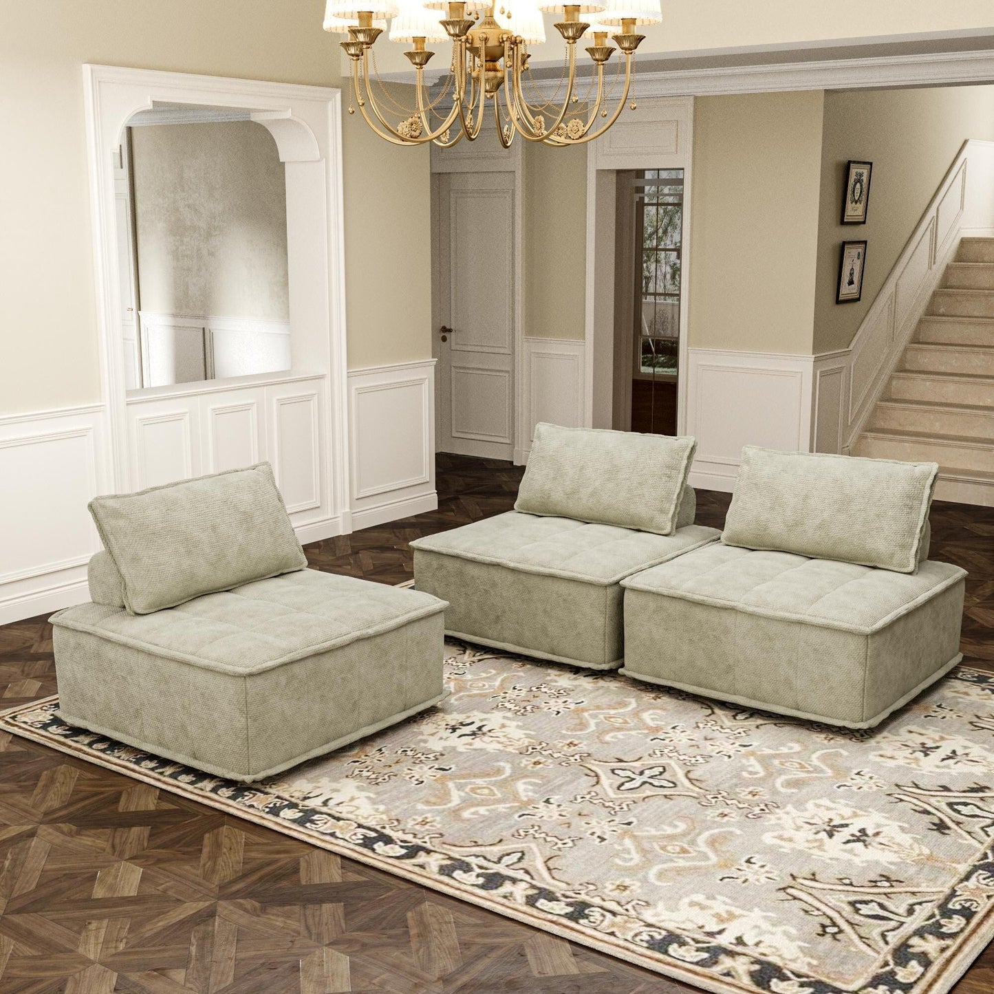 Beige Oversized 3-piece Chenille Modular Square Sofa Set with High-Density Foam Cushions, Free Combination