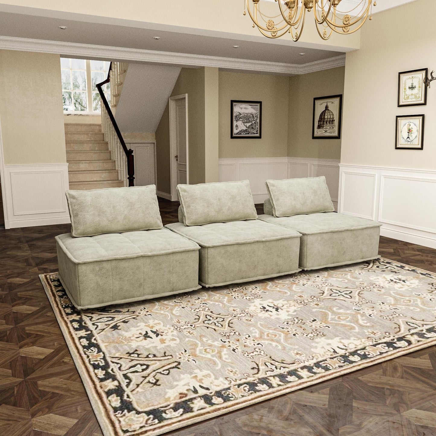 Beige Oversized 3-piece Chenille Modular Square Sofa Set with High-Density Foam Cushions, Free Combination