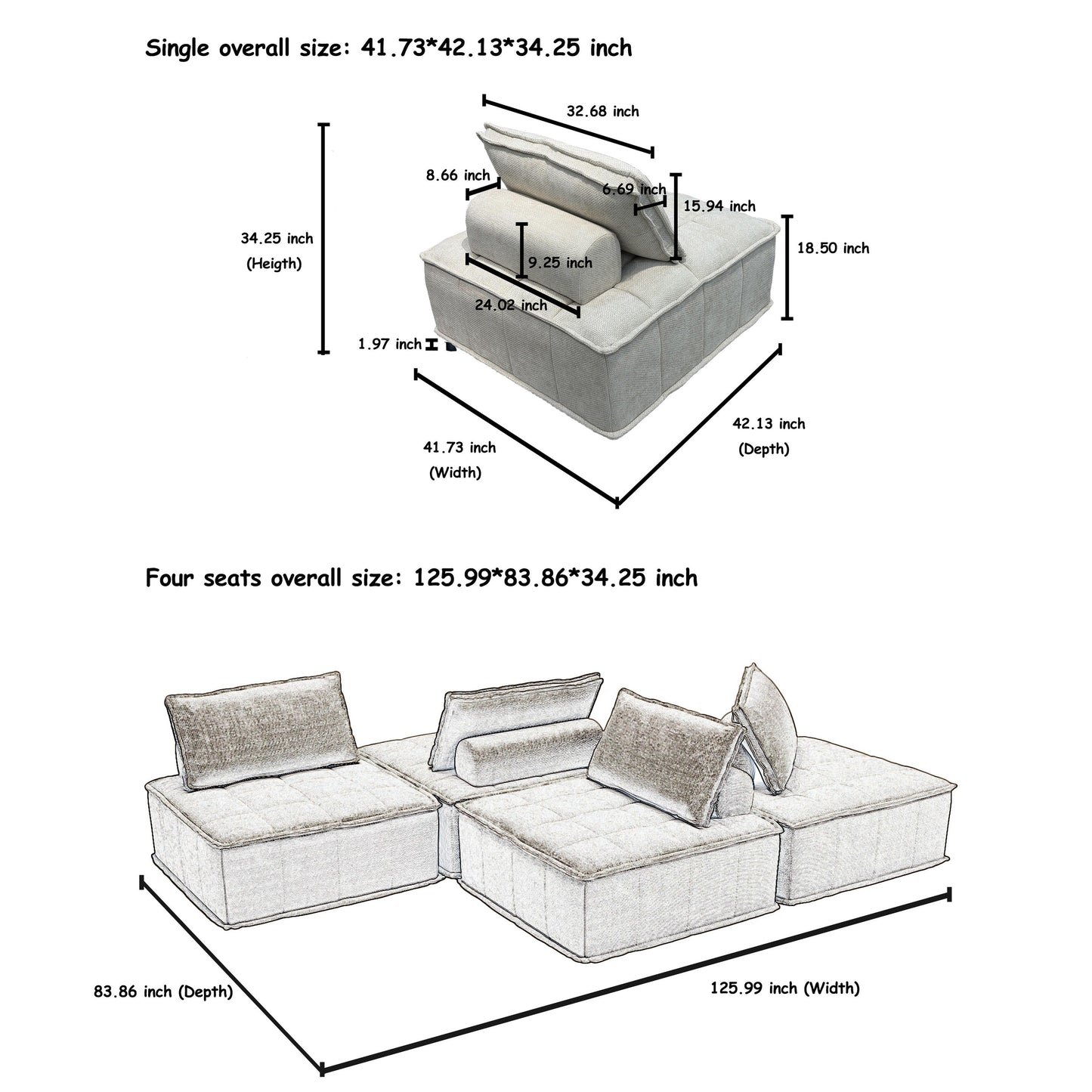 Beige Oversized 4-piece Chenille Modular Square Sofa Set with High-Density Foam Cushions, Free Combination
