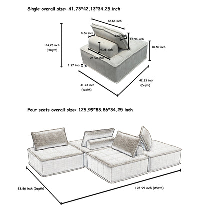 Beige Oversized 4-piece Chenille Modular Square Sofa Set with High-Density Foam Cushions, Free Combination