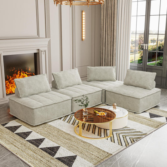 Beige Oversized 4-piece Chenille Modular Square Sofa Set with High-Density Foam Cushions, Free Combination