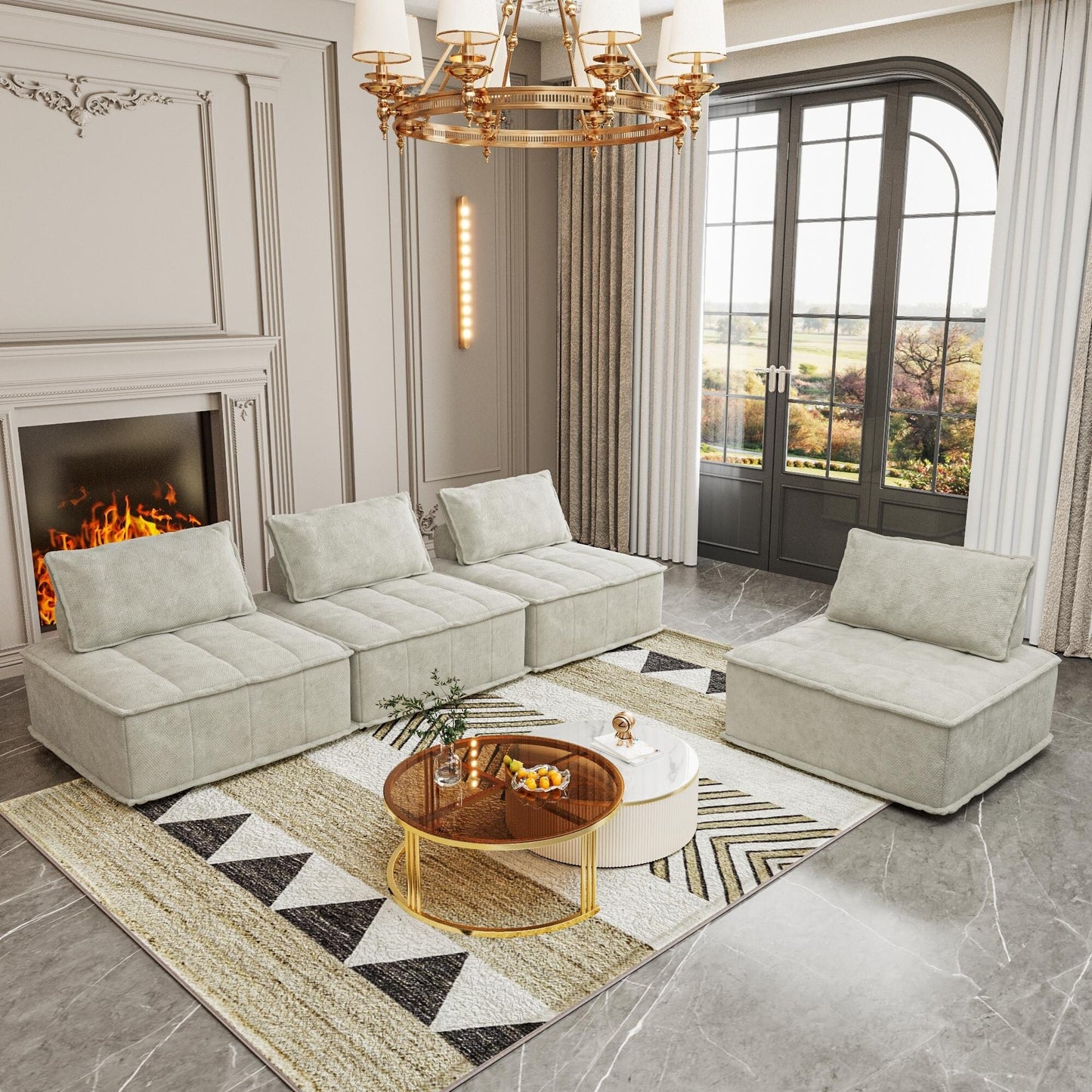 Beige Oversized 4-piece Chenille Modular Square Sofa Set with High-Density Foam Cushions, Free Combination