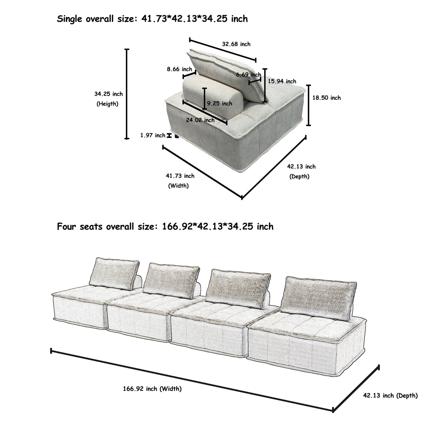 Beige Oversized 4-piece Chenille Modular Square Sofa Set with High-Density Foam Cushions, Free Combination