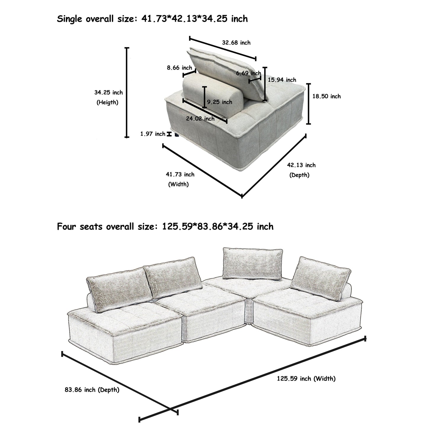 Beige Oversized 4-piece Chenille Modular Square Sofa Set with High-Density Foam Cushions, Free Combination