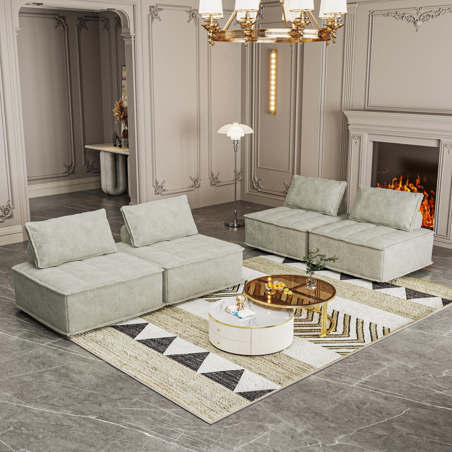 Beige Oversized 4-piece Chenille Modular Square Sofa Set with High-Density Foam Cushions, Free Combination