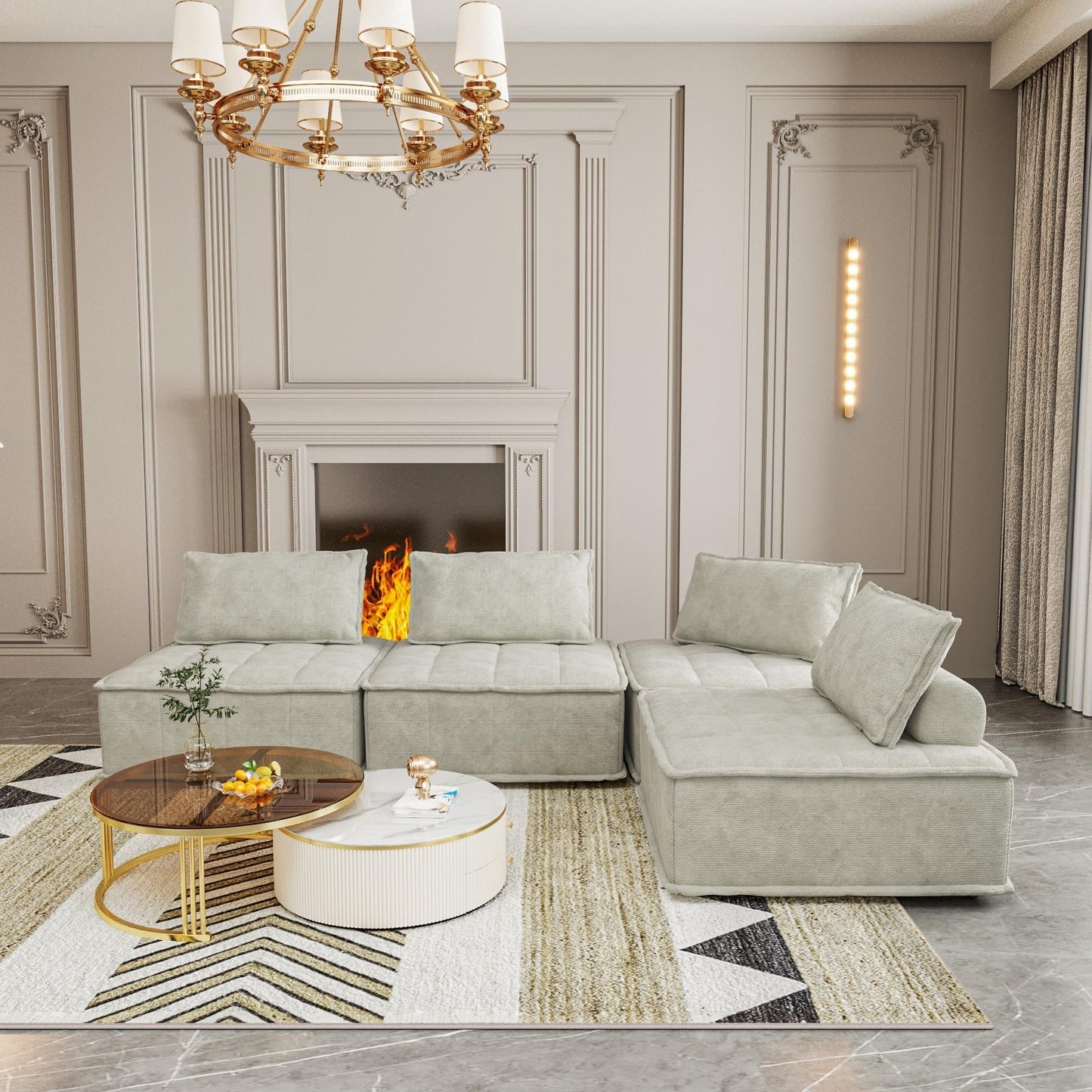 Beige Oversized 4-piece Chenille Modular Square Sofa Set with High-Density Foam Cushions, Free Combination