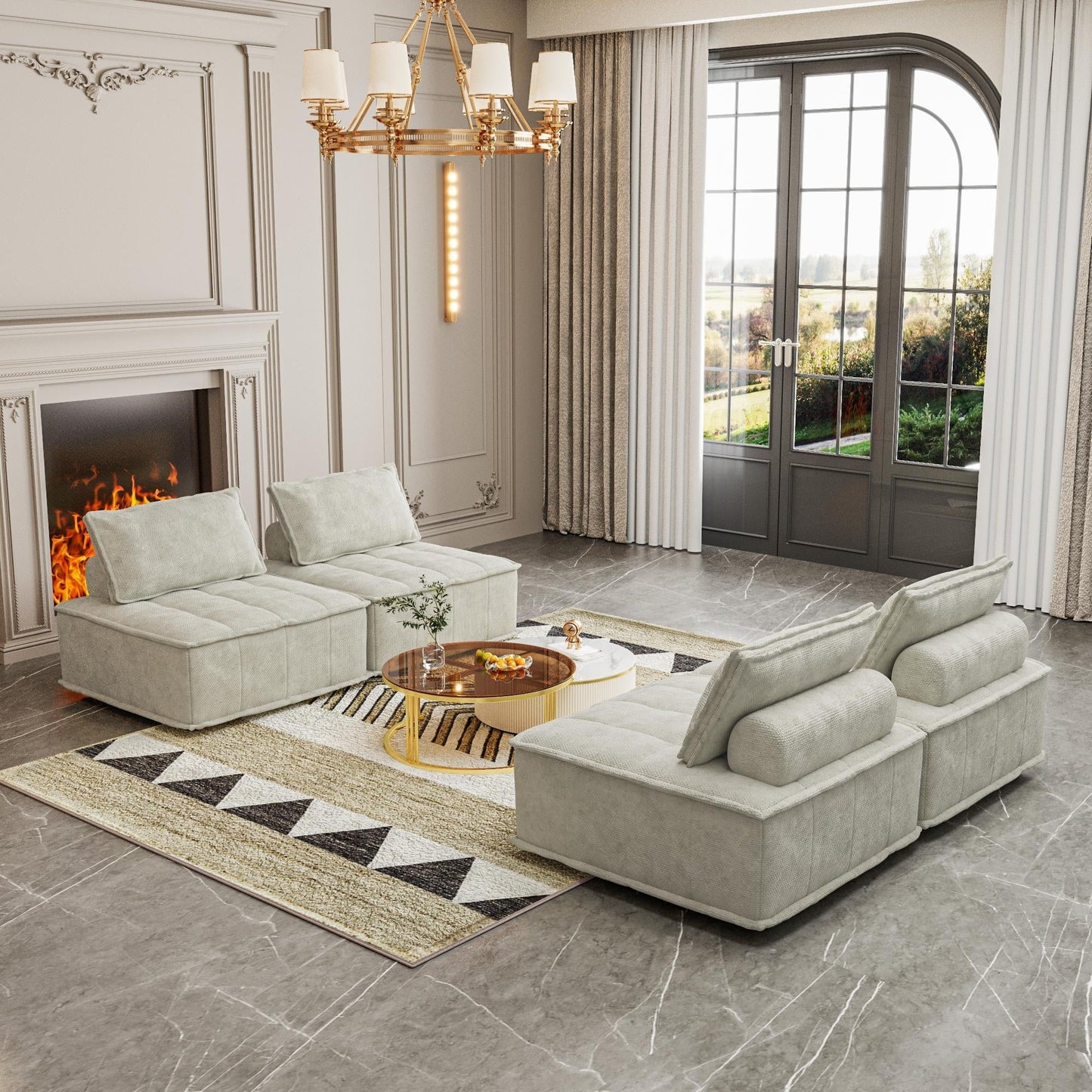 Beige Oversized 4-piece Chenille Modular Square Sofa Set with High-Density Foam Cushions, Free Combination