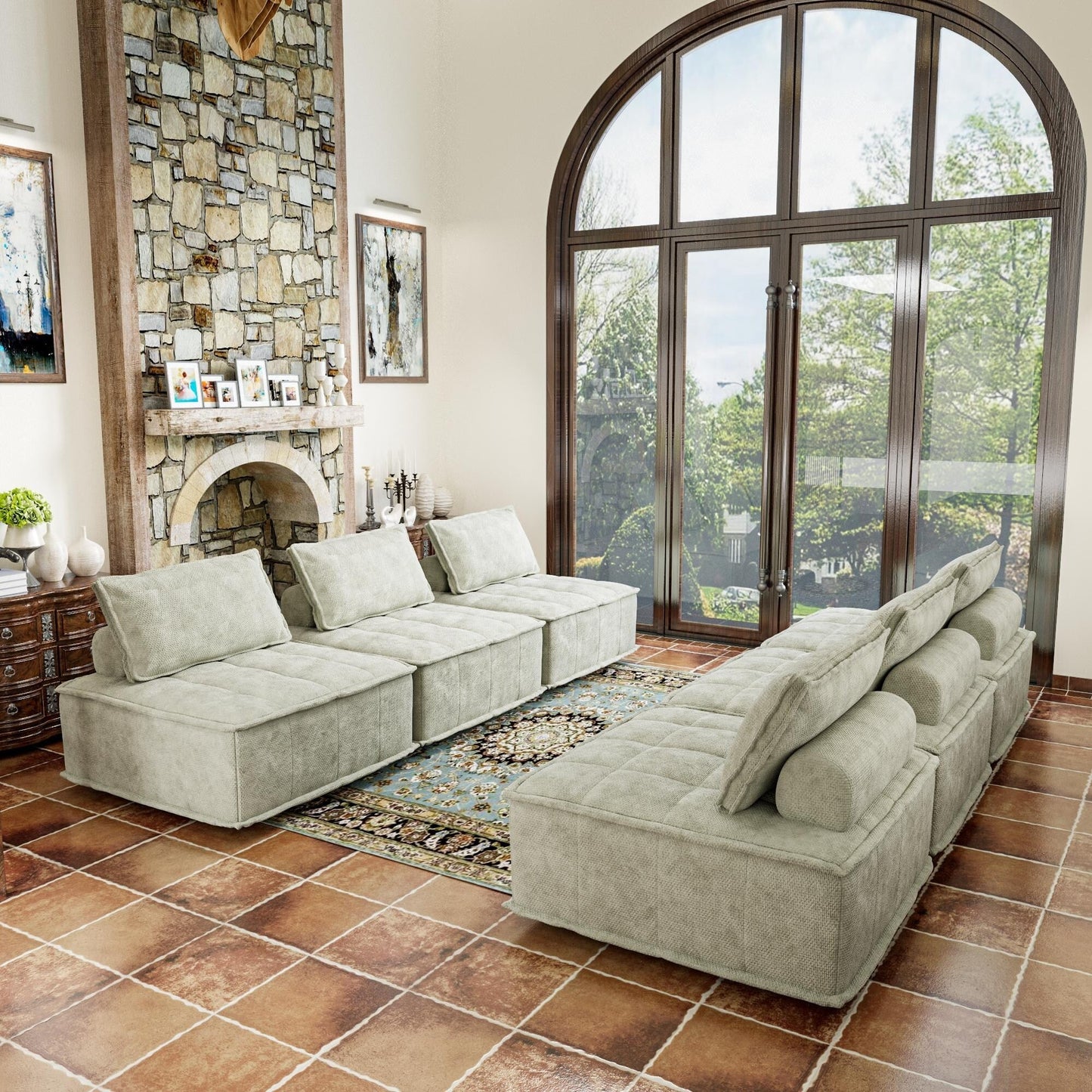 Beige Oversized 6-piece Chenille Modular Square Sofa Set with High-Density Foam Cushions, Free Combination