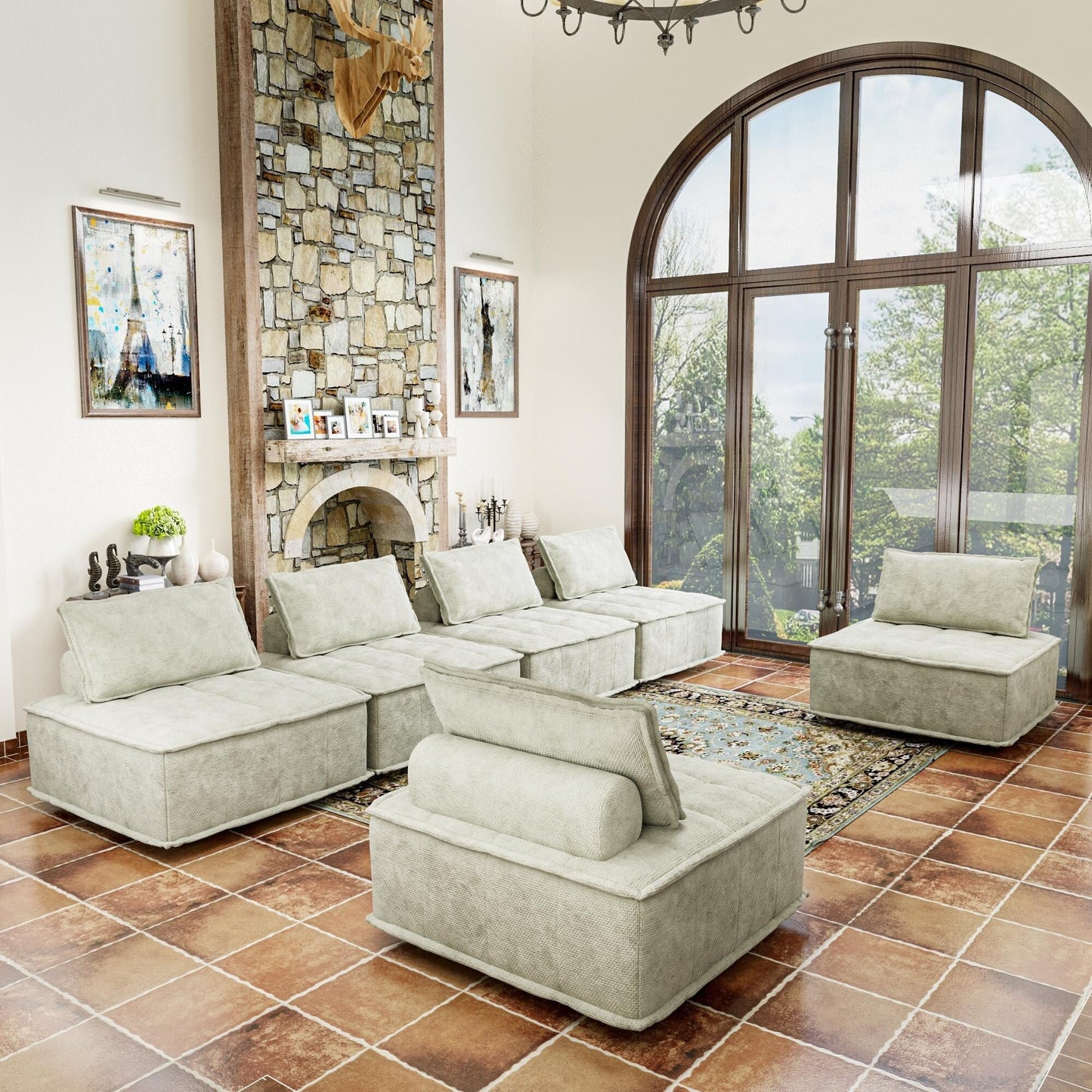 Beige Oversized 6-piece Chenille Modular Square Sofa Set with High-Density Foam Cushions, Free Combination