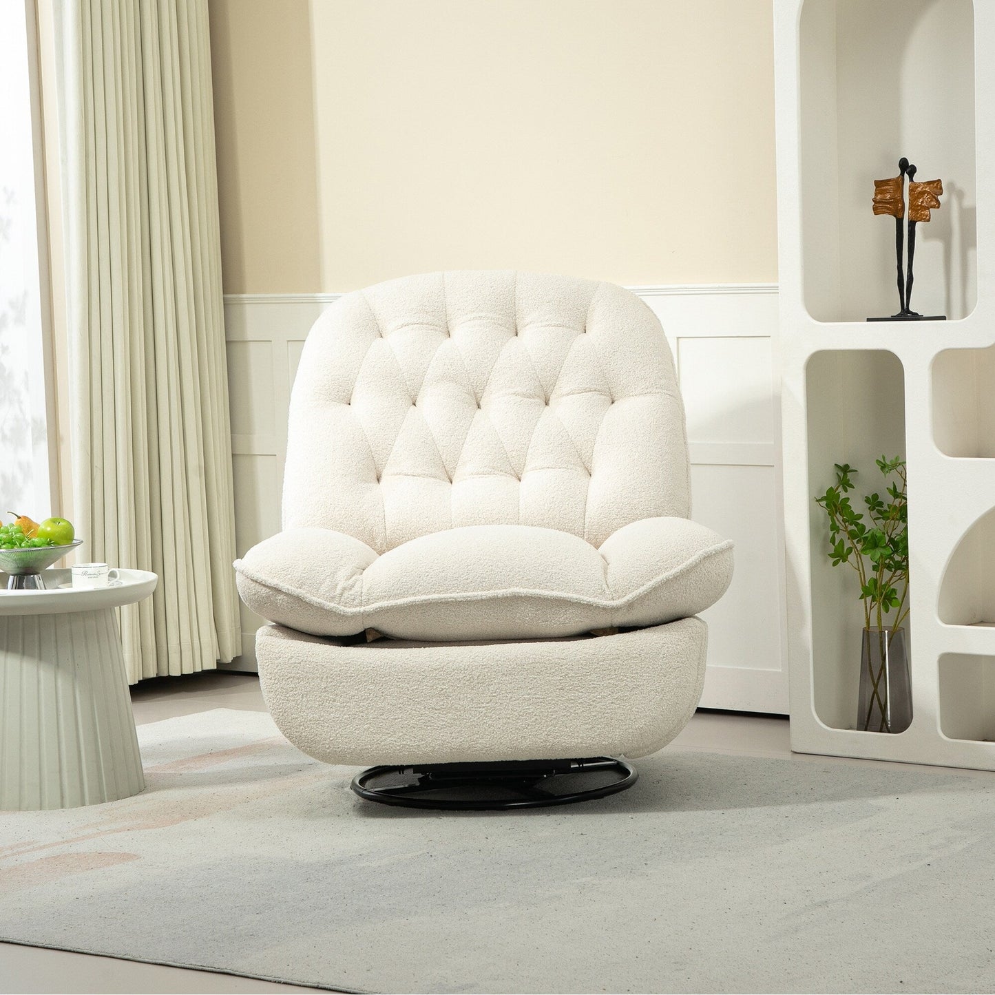 Beige Oversized Chenille Upholstered 360Â° Swivel Glider Rocking Manual Recliner with Extended Footrest and Tufted Back