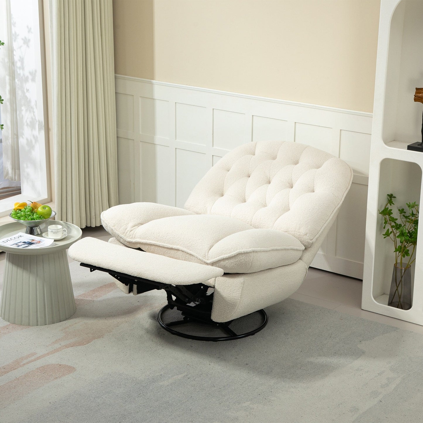 Beige Oversized Chenille Upholstered 360Â° Swivel Glider Rocking Manual Recliner with Extended Footrest and Tufted Back