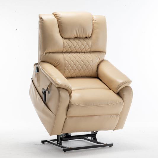 Beige Oversized Electric Recliner featuring OKIN Motor, 180Â° Lay Flat Lift, Extra-Wide Seat, and Storage Pockets