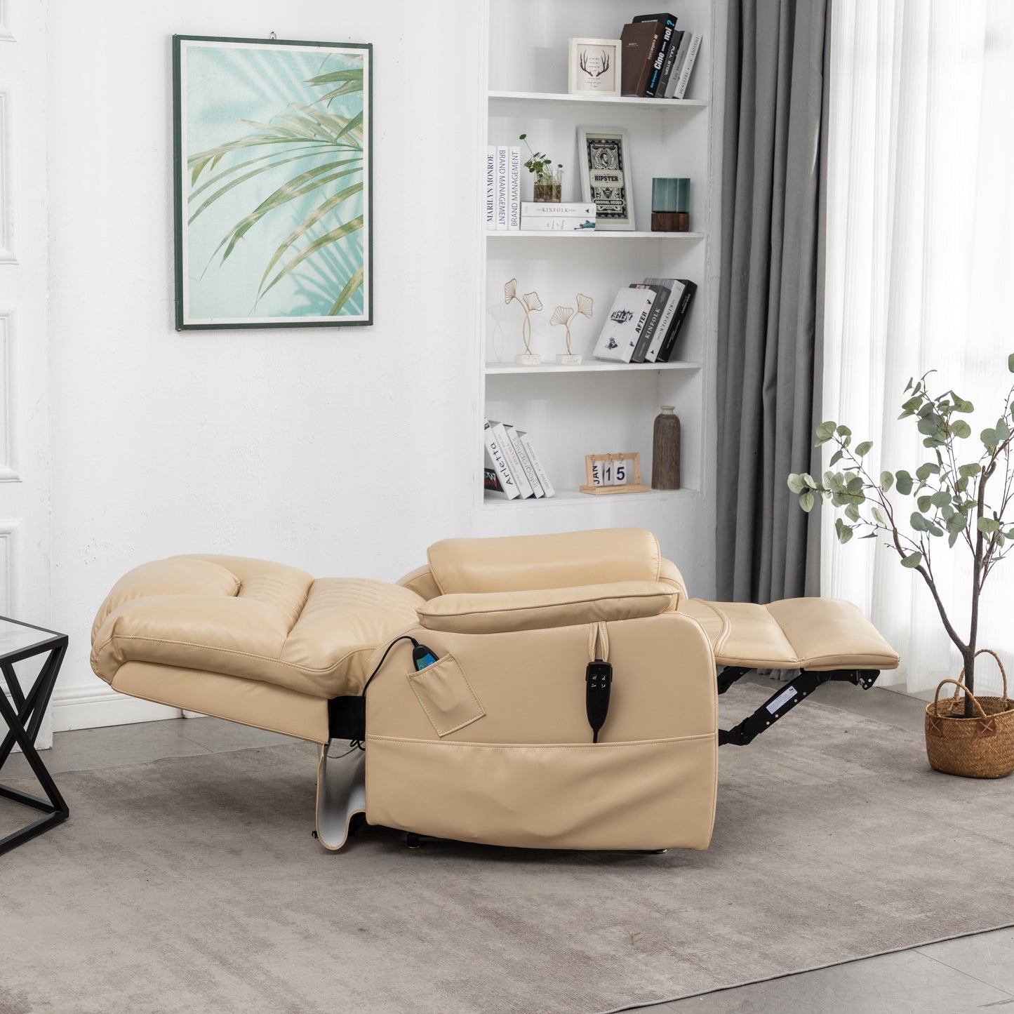 Beige PU Leather Power Lift Recliner, Massage, Flat Lay