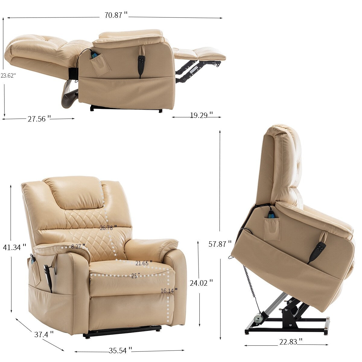 Beige PU Leather Power Lift Recliner, Massage, Flat Lay